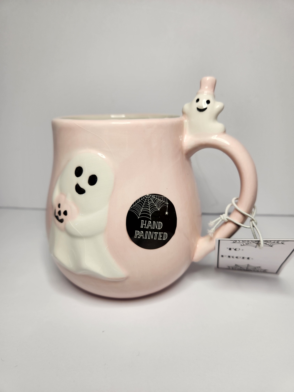 Hand-Painted Pink Ghost Ceramic Mug with Playful Handle